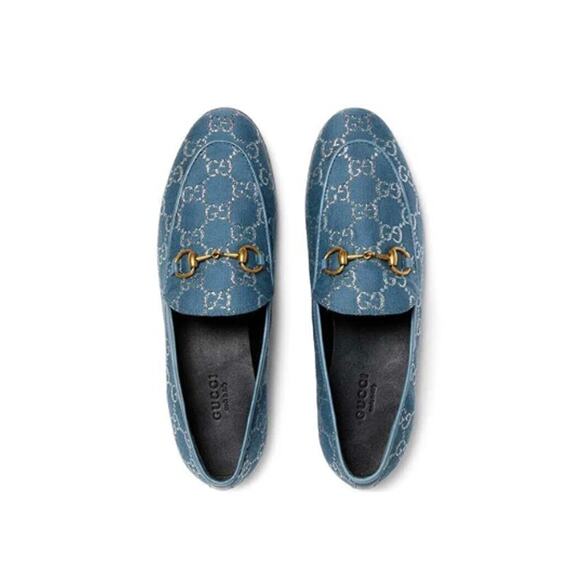 Gucci Horsebit Jordaan Lame Fabric Loafers Blue Silver Size 37.5 - Picture 3 of 13
